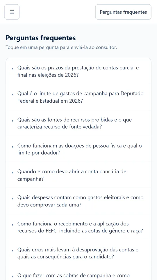 Tela com a lista de perguntas frequentes do aplicativo