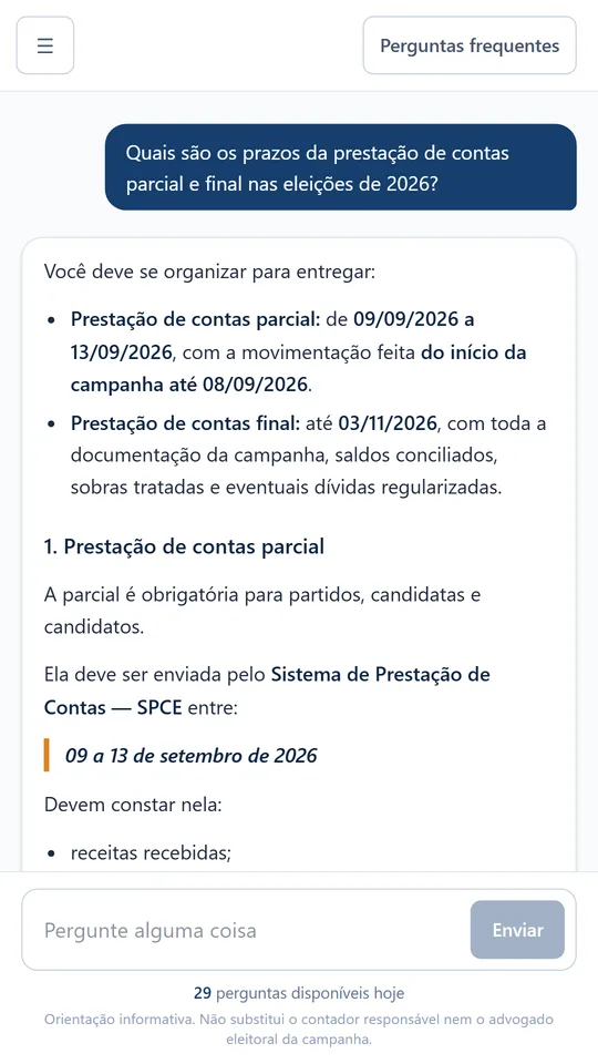 Tela do aplicativo mostrando a resposta sobre prazos da prestação de contas